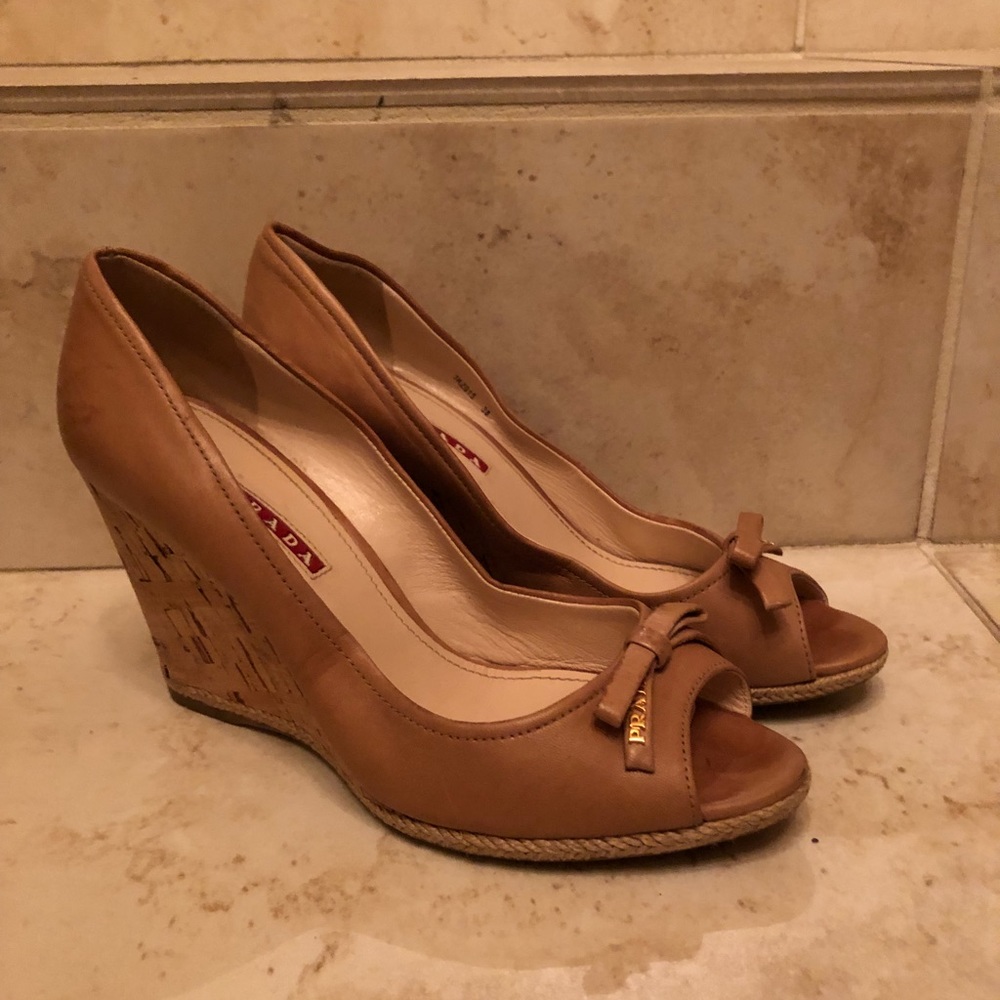 Prada Tan Leather Peep-Toe Wedge Sandals